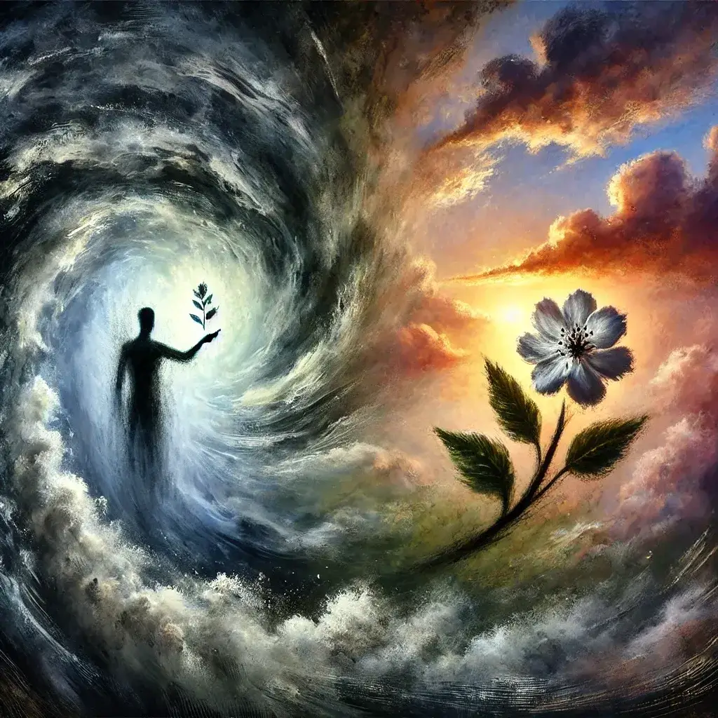 Image depicting a man surrounded by a vortex holding a branch, contrasted with serene nature featuring a flower, symbolizing the duality between chaos and serenity