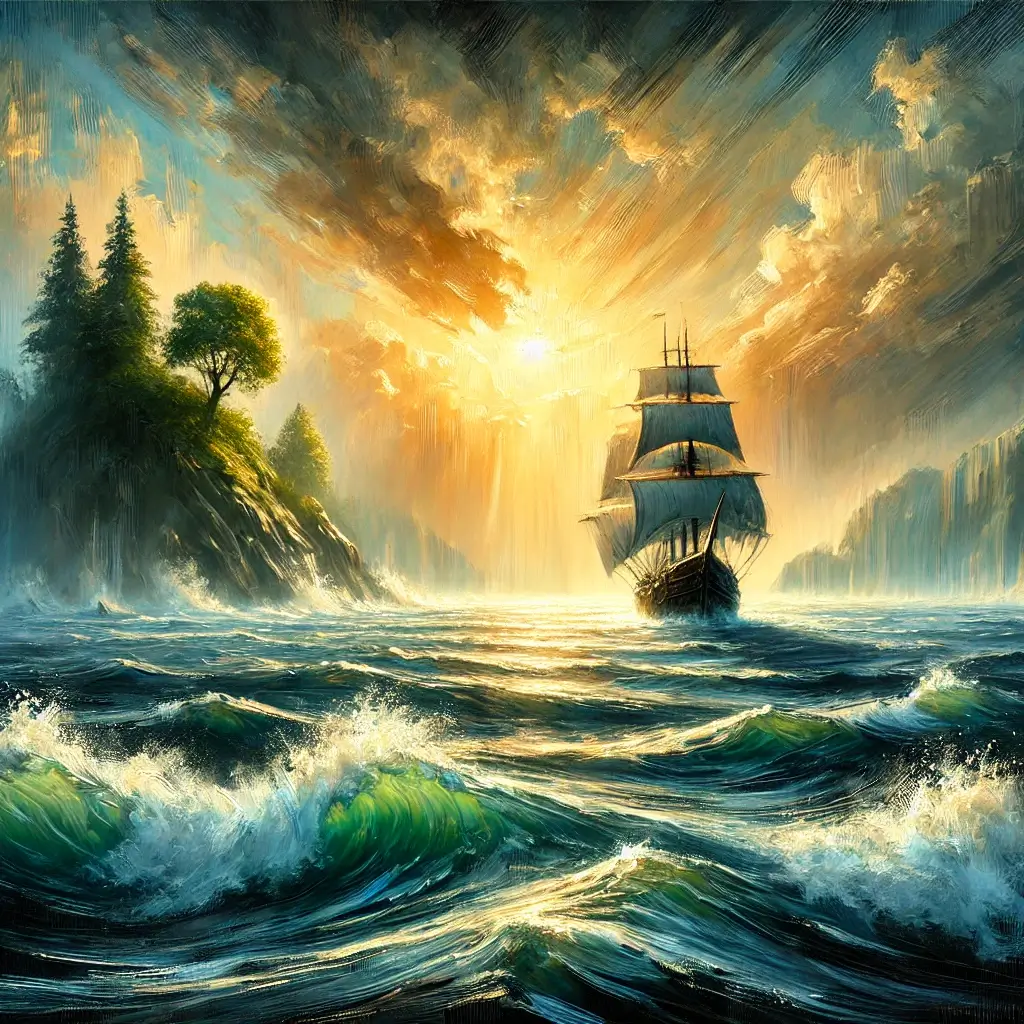 Veliero che naviga in un mare in tempesta, simbolo di accettazione, gratitudine e trasformazione