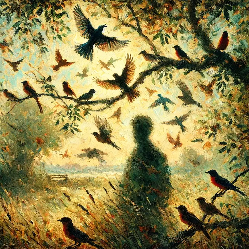 Ambiente naturale con uccelli colorati tra rami e in volo, sagoma di un uomo sullo sfondo, rappresentazione di connessione tra uomo e natura