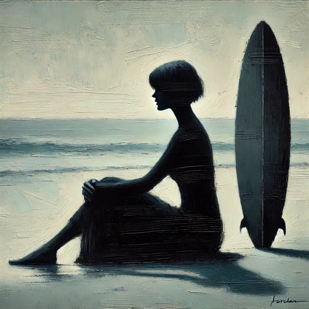 Silhouette di una donna seduta sulla spiaggia con una tavola da surf, simbolo di resilienza e forza interiore