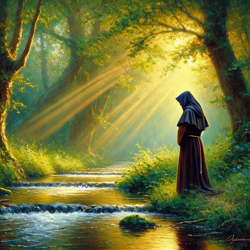 Monaco benedettino in abito scuro immerso in una natura serena, accanto a un ruscello e circondato da alberi con luce dorata, che evoca gratitudine e riflessione spirituale.