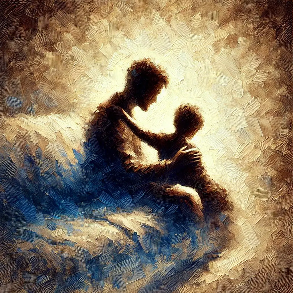 Silhouette of an adult embracing a child, symbolizing human connection and love