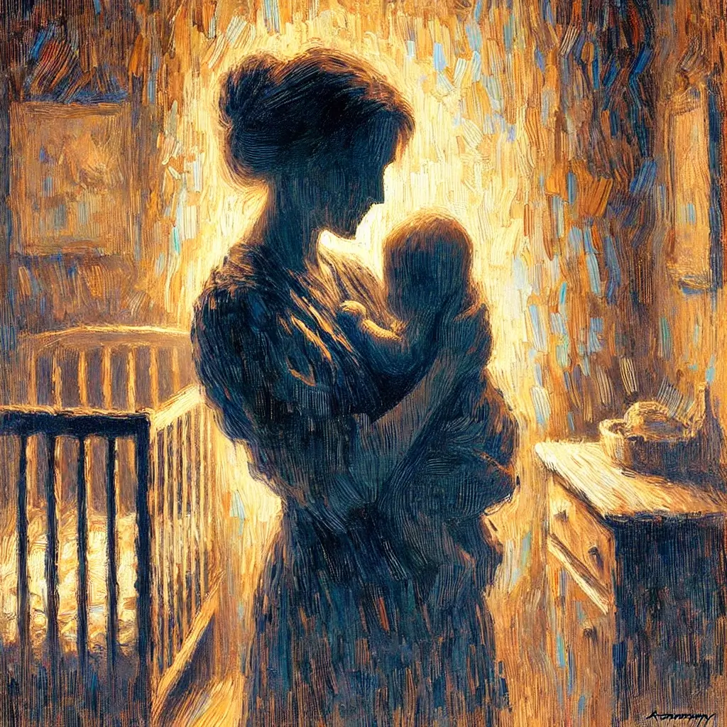 Madre amorevole che culla un neonato in una stanza illuminata, simbolo di cura e amore