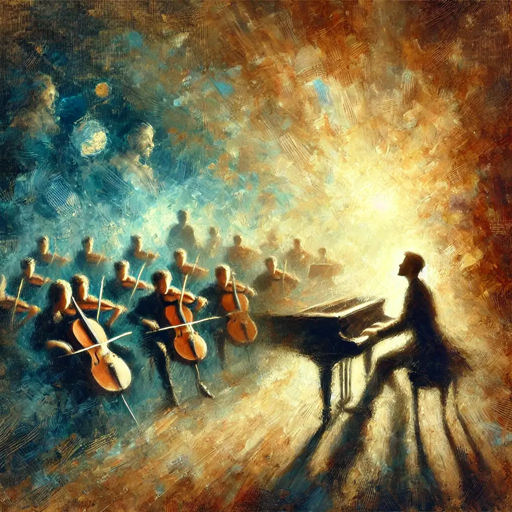 Un pianista che suona con passione, accompagnato da un'orchestra sullo sfondo, in un'illustrazione che esprime connessione e armonia