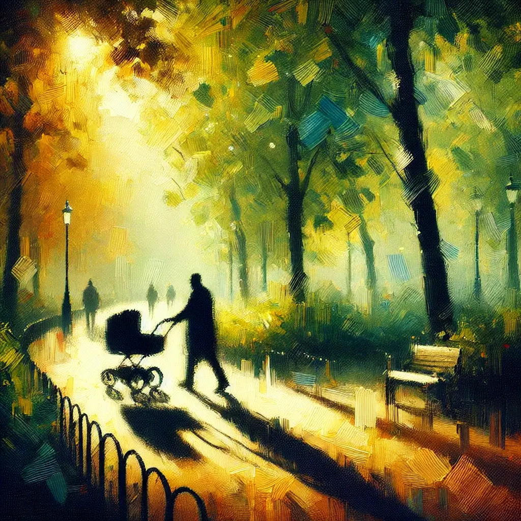 A man pushing a stroller along a sunlit tree-lined path, symbolizing care and compassion
